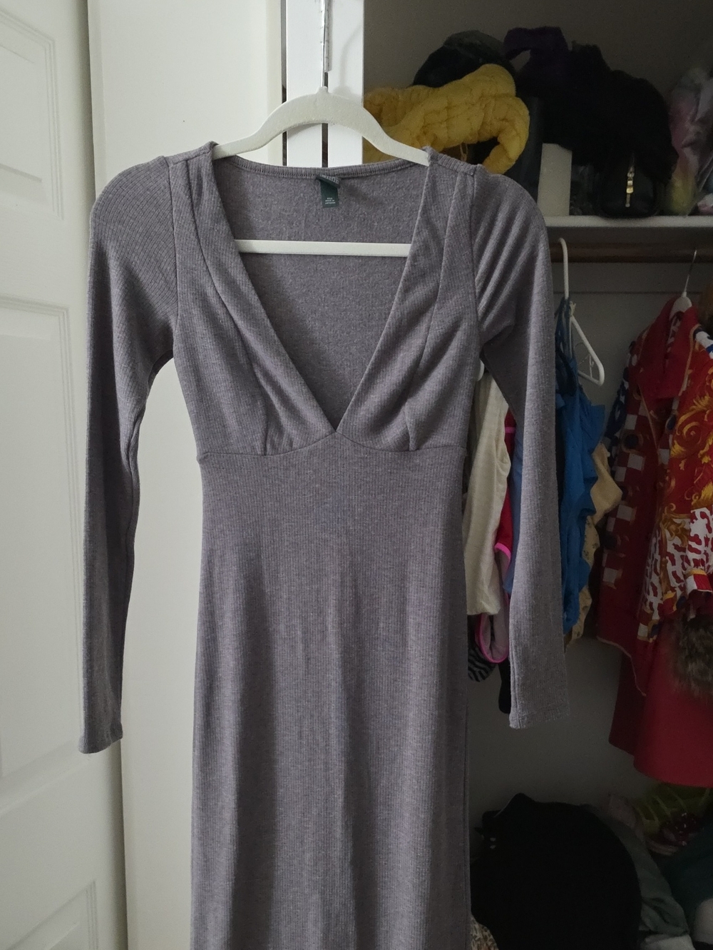 wild fable Long Sleeve Deep V-Neck Gray Ribbed Knit Dress